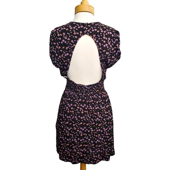 Free People "Pretty Baby" Mini Dress Black Floral V-Neck Cut-Out Back Elastic Wa - Picture 5 of 11